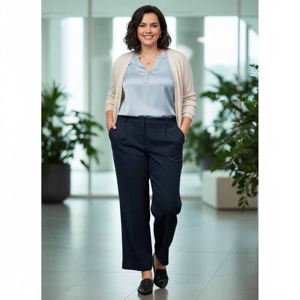 VTG Kasper Women Navy Blue Pinstripe Straight Leg Dress Pants Plus Size 18 Lined